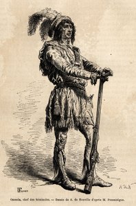 फ्लोरिडा युद्ध (1835-1842) के दौरान संयुक्त राज्य अमेरिका के खिलाफ भारतीय प्रतिरोध के प्रमुख, सेमिनोल के नेता ओस्सिओला का पोर्ट्रेट (1804-1838)। 1851-1852 में एचीले पॉसेलग्यू द्वारा फ्लोरिडा में चार महीने की कहानी को चित्रित करने के लिए उत्कीर्णन, प्रकाशित द्वारा अज्ञात कलाकार
