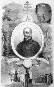 लोयोला के संत इग्नाटियस का पोर्ट्रेट, सोसाइटी ऑफ जीसस (1491-1556) के संस्थापक मौरिस लाचत्रे द्वारा "" पोप का इतिहास "" में, 19 वीं शताब्दी का एसडी द्वारा अज्ञात कलाकार