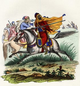 1841 में ओरान में अफ्रीका की फ्रांसीसी सेना के शिकारियों के सामने भागते अमीर अब्द-अल-कादर के लाल घुड़सवार। "स्टोरिया डी'एल्गेरी" में, लियोन गैलिबर्ट, खंड 2 द्वारा अज्ञात कलाकार