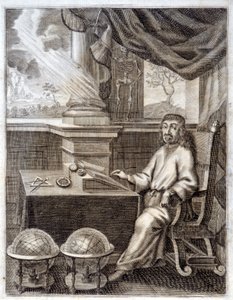 रेने डेसकार्टेस (1596 - 1650) अपने कार्यालय में वैज्ञानिक उपकरणों के साथ। 17 वीं शताब्दी की नक्काशी। द्वारा अज्ञात कलाकार