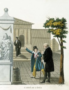 प्रतिनिधित्व चार्ल्स मिशेल डे ल'एपी (1712-1789) dit l'abbe de l'Epee, फ्रेंच शिक्षाशास्त्र। उन्होंने मूक बधिर के लिए एक संचार प्रणाली विकसित की। 19वीं सदी की नक्काशी। द्वारा अज्ञात कलाकार