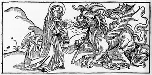 सेंट मार्था और तारस्क - वोरागिन (1228-1298) के जैकोबस (जेम्स) द्वारा "लेबेन डेर हेइलिगेन - सोमेरटेइल" (संत की पुस्तक) से उत्कीर्णन। लुबेक 1488. द्वारा अज्ञात कलाकार