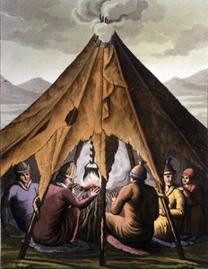 सामी लोग: उत्तरी देशों (नॉर्वे, फिनलैंड, स्वीडन और रूस) की भूमि में रहने वाले स्वदेशी लोग एक तम्बू के नीचे आग के आसपास फिर से इकट्ठा होते हैं। 19वीं सदी की नक्काशी द्वारा अज्ञात कलाकार