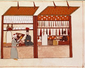 कॉन्स्टेंटिनोपल की गलियों में दुकानें। 17वीं शताब्दी (1671) के मूल के बाद 19वीं शताब्दी की सिकोगना पांडुलिपि (1828) से लिया गया लघुचित्र। वेनिस, बिब्लियोटेका मार्सियाना द्वारा अज्ञात कलाकार