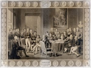वियना की कांग्रेस। 1815 में वियना कांग्रेस। अलेक्जेंडर I, ज़ार; एचआर स्टीवर्ट, कैसल्रेघ; फ्रेंकोइस I, ऑस्ट्रिया के सम्राट; फ्रेडरिक विलियम III, प्रशिया के राजा; कार्ल अगस्त, हार्डेनबर्ग के राजकुमार; विल्हेम वॉन हम्बोल्ट (हम्बोल्ट का विलियम) द्वारा अज्ञात कलाकार