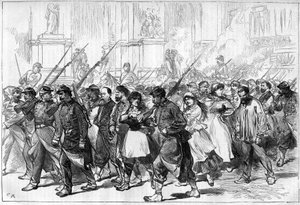 1871 में पेरिस कम्यून। फेडरेस (कम्युनर्ड्स) के काफिले ने प्लेस डी ल'ओपेरा से गुजरते हुए कैदी को पकड़ लिया। द्वारा अज्ञात कलाकार