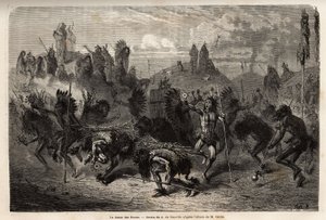 मिसौरी के बाएं किनारे पर मंडन भारतीयों (या नौमा का की: तीतर) में योद्धाओं द्वारा किया जाने वाला बाइसन नृत्य। 1855 में जी कैटलिन द्वारा, कोलंबिया और अपर मिसौरी के घाटियों के भारतीय जनजातियों के बीच एक भ्रमण को चित्रित करने के लिए उत्कीर्णन, पी द्वारा अज्ञात कलाकार
