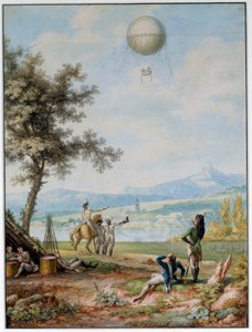 मेंज की नाकाबंदी: गढ़ 14/04/1793 को प्रथम गठबंधन की सेना से घिरा हुआ है। सैन्य उद्देश्यों के लिए इस्तेमाल की जाने वाली घेराबंदी की स्थिति में शहर के ऊपर एक गुब्बारा। 18 वीं शताब्दी का प्रिंट। पेरिस। वायु संग्रहालय द्वारा अज्ञात कलाकार