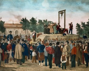 फेलिस ओरसिनी (1819-1858) और पियरी की 13/03/1858 को फांसी, जिन्होंने 14 जनवरी 1858 को नेपोलियन III के खिलाफ पेरिस लिथोग्राफ में प्लेस डे ला रोक्वेट पर 19वीं सदी के अंत में हमला किया था। मिलान निजी संग्रह द्वारा अज्ञात कलाकार