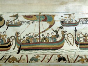 विलियम I द कॉन्क्वेरेंट (1027-1087) का बेड़ा इंग्लैंड की ओर चैनल को पार करता है। रानी मथिल्डे द्वारा बेयुक्स टेपेस्ट्री या कढ़ाई Emb द्वारा अज्ञात कलाकार