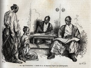 अपने कर्तव्यों के प्रदर्शन में जांच करने वाला न्यायाधीश, उसके सामने घुटने टेकते हुए, उस पर एक समुराई का आरोप लगाता है। 1863-1864 में जापान की यात्रा को चित्रित करने के लिए, स्विस परिसंघ के मंत्री एमे हम्बर्ट द्वारा "ले टूर डू मोंडे, नोव्यू जो" मे द्वारा अज्ञात कलाकार
