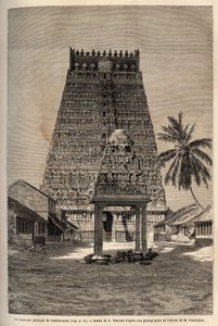 राम के मंदिर का मुख्य गोपुरम एक कॉम्ब्रोनम है, जो 11 मंजिलों से बना है, और 11 गेंदों से ऊपर है, इस पिरामिड टॉवर के विभिन्न चेहरे पूरी तरह से मूर्तियों से ढके हुए हैं। ए द्वारा भारत के मेरिडियन प्रांतों की यात्रा को चित्रित करने के लिए उत्कीर्णन द्वारा अज्ञात कलाकार