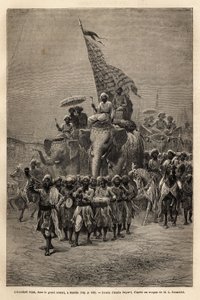 भारत के उत्तर-पूर्वी तट पर गुजरात राज्य के बड़ौदा (या वडोदरा) में सोवरी (सैन्य जुलूस) में शाही बैनर। 1864-1868 में लुई रूसेलेट द्वारा राजाओं की भारत में यात्रा को चित्रित करने के लिए उत्कीर्णन, "ले टूर डू मोंडे" में प्रकाशित हुआ। द्वारा अज्ञात कलाकार