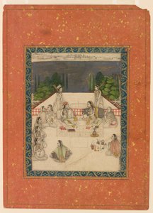 दो महिलाएँ एक छत पर बैठी थीं, जो परिचारकों और संगीतकारों से घिरी हुई थीं द्वारा अज्ञात कलाकार