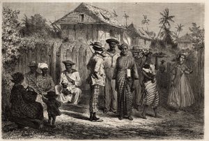 स्वदेशी केयेन (फ्रेंच गुयाना) के प्रकार, मद्रास के पौधे (गाँठदार पोशाक) पहने और रंगीन पगड़ी पहने महिलाओं, पुरुषों ने पश्चिमी पोशाक को अपनाया। 1862-1863 में फ्रेंच गुयाना में यात्रा को चित्रित करने के लिए उत्कीर्णन, फ्रेडरिक बाउयर द्वारा, सीए द्वारा अज्ञात कलाकार