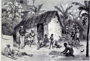 वेस्ट इंडीज में कार्बन के कार्बन के साथ वृक्षारोपण का दृश्य। 18 वीं शताब्दी की नक्काशी। चार्ट्रेस, ललित कला संग्रहालय द्वारा अज्ञात कलाकार