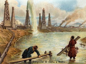बाकू, अज़रबैजान में तेल के कुओं का दृश्य। लगभग 1890 का क्रोमोलिथोग्राफ। द्वारा अज्ञात कलाकार