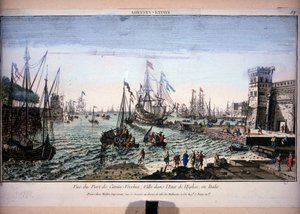 Civitavecchia के बंदरगाह का दृश्य, चर्च, इटली के राज्य में शहर। 18 वीं शताब्दी का ऑप्टिकल दृश्य। द्वारा अज्ञात कलाकार