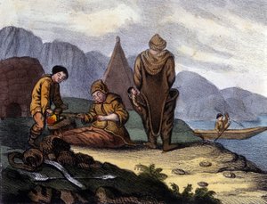 वेस्ट ग्रीनलैंड कोस्ट एस्किमोस। 19वीं सदी की शुरुआत में लिथोग्राफ द्वारा अज्ञात कलाकार