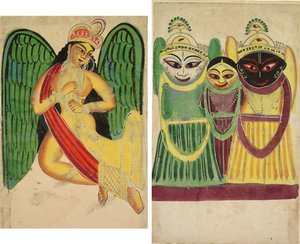 सींग सहित पंखयुक्त अप्सरा (रेक्टो); जगन्नाथ त्रिमूर्ति (पीछे की ओर) द्वारा अज्ञात कलाकार