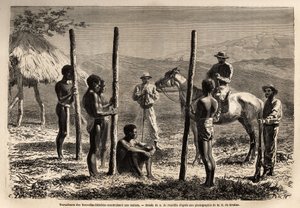 न्यू हेब्राइड्स के कार्यकर्ता (या 1980 के बाद से, वानुअतु गणराज्य, उत्तरी न्यू कैलेडोनिया में एक मेलानेशियन द्वीपसमूह), एक घर का निर्माण, जिसे लेखक घोड़े की पीठ पर भ्रमण के दौरान मिलता है। उत्कीर्णन चित्रकार ले यात्रा एक ला नौवेल्ले कैलेडोनी डालना, द्वारा अज्ञात कलाकार