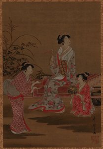 युवा महिला, दो सहेलियों के साथ, एक बगीचे में बैठी है द्वारा अज्ञात कलाकार