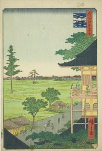 पांच सौ राकन मंदिर (गोह्याकु राकन सजैदो) का सज़ाई हॉल, quot;एदो के एक सौ प्रसिद्ध दृश्य (मीशो एडो हयाकेई)quot; श्रृंखला से द्वारा उटगावा हिरोशिगे