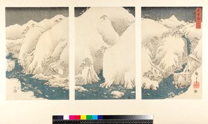 Kiso के पहाड़ों और नदियों में बर्फीला तूफान, (sanmaitsuzuki - triptych, yoko-e - क्षैतिज प्रारूप, रंग वुडब्लॉक प्रिंट)