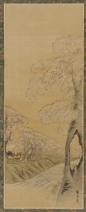 भूदृश्य: एक जलधारा के किनारे फूलों वाले चेरी के पेड़, ईदो काल, 1615-1868।