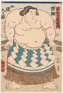 एक अनुष्ठान एप्रन के साथ सूमो पहलवान शिरानुई मित्सुमोन (1825-1879) का पोर्ट्रेट। उटागावा कुनिसादा II (1823-1880) द्वारा मुद्रित