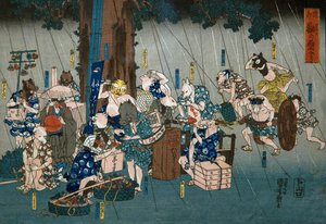 बारिश से आश्रय लेने वाले हास्य जानवर (Dōke kemono no amayadori), c.1842 द्वारा उत्तगवा कुनिओशी