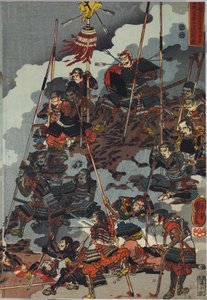 एक रंग की वुडब्लॉक प्रिंट शीट से चादर, शीर्षक Eiroku yonnen kugatsu yokka Kawanakajima kassen ni Yamamoto Kansuke ny D Uchijini no zu द्वारा उत्तगवा कुनिओशी