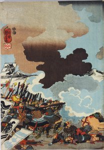 एक रंग की वुडब्लॉक प्रिंट शीट से चादर, शीर्षक Eiroku yonnen kugatsu yokka Kawanakajima kassen ni Yamamoto Kansuke ny D Uchijini no zu द्वारा उत्तगवा कुनिओशी