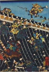 एक रंगीन वुडब्लॉक प्रिंट ट्रिप्टिच से शीट, जिसका शीर्षक होरीकाकु शो नो ज़ू है, जो ताकीज़ावा बाकिन के हैकेंडेन के एक दृश्य को दर्शाती है, जो इनुजुका शिनो (दाएं) और इनुकाई केम्पाची के तहत पुलिस के बीच मंदिर की छत पर एक लड़ाई दिखाती है, जिसे एक ट्रिप्टीक से अ द्वारा उत्तगवा कुनिओशी
