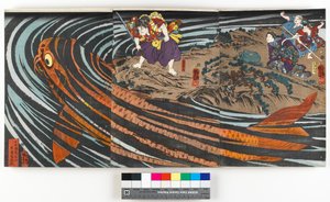 ट्रिप्टिच, ओनिवाका-मारू (भविष्य के मुसाशिबो बेंकेई) का चित्रण करते हुए विशाल कार्प पर हमला करने के बारे में, जिसने उसकी मां को खा लिया, c.1845 (रंगीन वुडब्लॉक प्रिंट) द्वारा उत्तगवा कुनिओशी