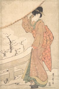 भारी बर्फ से लदी छाता लेकर बर्फ के तूफान में एक युवा महिला, सीए। 1802..