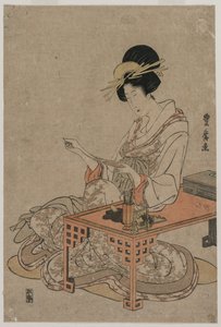 लिखने की मेज पर बैठी तवायफ, c. 1790 के अंत में। द्वारा उतागावा तोयोहीरो