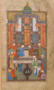 एक तहफ़ात अल-अहरार (मुफ्त का उपहार) में महल का दृश्य, बुखारा, उज्बेकिस्तान, उज्बेक काल, c.1540 (कागज पर अपारदर्शी जल रंग, स्याही और सोना)