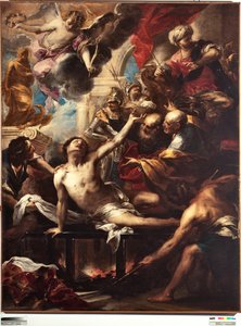 वेलेरियो कैस्टेलो (1624-1659) डिम 236 x 182 सेमी जीन, म्यूसी डि स्ट्राडा नुओवा (पूर्व में पलाज़ो बियान्को) द्वारा ग्रिडिरॉन पेंटिंग पर सेंट लॉरेंस की शहादत