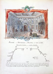 विक्टर ह्यूगो (1802-85), 1879 (स्याही और गौचे) द्वारा हर्नानी के 1877 उत्पादन के लिए डिजाइन और चरण निर्देश निर्धारित द्वारा वेलने पेरे एट फिल्म्स