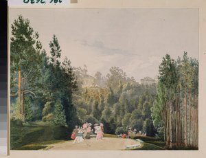 पार्क का दृश्य। वसीली सेम्योनोविच सदोवनिकोव (1800-1879) द्वारा बनाई गई कलाकृति, कागज़ पर पानी के रंग से बनाई गई