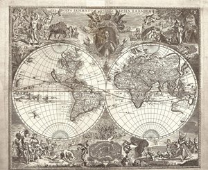 विश्व का दोहरा गोलार्द्ध मानचित्र, 1713 द्वारा वसीली अनुफ्रिविच किप्रियनोव