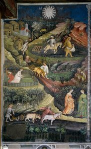 अप्रैल: खेतों की जुताई और बुवाई। ग्रामीण इलाकों में हल, हैरो और कृषि उपकरणों के साथ कृषि दृश्य। मास्टर ऑफ द मंथ्स या मास्टर वेंसस्लास द्वारा पेंटिंग (मेस्ट्रो देई मेसी या मेस्ट्रो वेन्सलाओ इतालवी में, 15 वीं शताब्दी की शुरुआत) आर द्वारा वैंसलासो मेस्त्रो