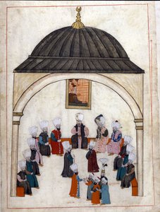 ओटोमन साम्राज्य के तहत प्रशासन: ग्रैंड विज़ीर की अध्यक्षता में एक सुनवाई। "" तुर्की स्मारक"" से लघुचित्र (कोडेक्स सिकोगना 1971 "मेमोरी टर्चेश") 17 वीं शताब्दी के विनीशियन स्कूल से जल रंग। द्वारा वेनिस स्कूल