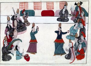 तुर्क साम्राज्य के तहत संगीतकार और नर्तक। "" तुर्की स्मारक"" से लघुचित्र (कोडेक्स सिकोगना 1971 "मेमोरी टर्चेश") 17 वीं शताब्दी के विनीशियन स्कूल से जल रंग। द्वारा वेनिस स्कूल