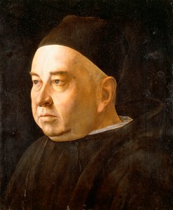 एक पादरी का चित्रण, एक काले कोट और टोपी पहने बस्ट-लंबाई, c.1490 द्वारा वेनिस स्कूल