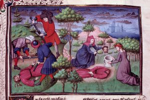 दो लोगों की हत्या का दृश्य जिनके हत्यारों ने अपना सिर काट दिया। Giovanni Boccaccio dit Jean Boccace (1313-1375), इतालवी लेखक द्वारा "डेकैमरोन" की एक पांडुलिपि का पृष्ठ, मास्टर ऑफ मैनसेल द्वारा प्रकाशित। 1450. पेरिस, शस्त्रागार पुस्तकालय द्वारा विसेंट डे परेडेस