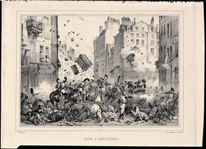 जुलाई 1830 में रुए सेंट-एंटोनी, एच। डेलापोर्ट द्वारा उकेरा गया द्वारा विक्टर एडम