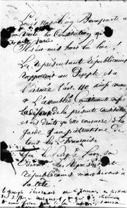 लुई नेपोलियन बोनापार्ट, 1851 (कागज पर कलम और स्याही) द्वारा फ्रांसीसी संविधान के उल्लंघन को अस्वीकार करने के लिए पेरिस के लोगों से अपील करने वाले मैनिफेस्टो का पहला पृष्ठ द्वारा विक्टर ह्यूगो