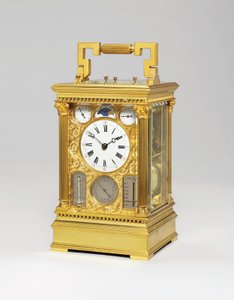 पूर्ण कैलेंडर, मूनस्पेस, बैरोमीटर और थर्मामीटर, c.1880 के साथ फ्रेंच ब्रास ग्रैंड सोनेंरी आठ दिवसीय कैरिज घड़ी द्वारा विक्टोरियन बोसेट